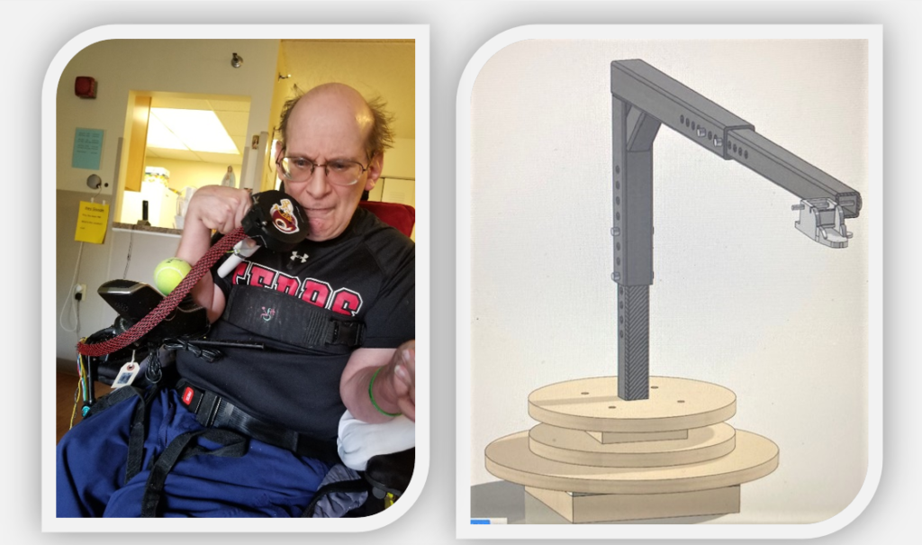 Left: Andy in an Edge wheelchair. Right: Illustration of pill dispenser.