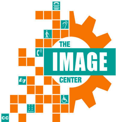 The word The Image Center are typed across orange spokes of a wheel each leading to pictures representing disability including the silohette of a person in a wheelchair, a person walking with a cane, braille lettering, closed captioning, a ear with the use of a hearing aid and two hands engaged in sign language. 