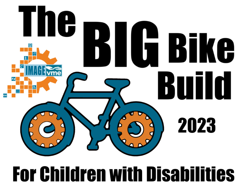The Big Bike Build 2023 for Children with Disabilities. The IMAGE Center / V M E. Graphic of blue bicycle with orange gears in wheels. 